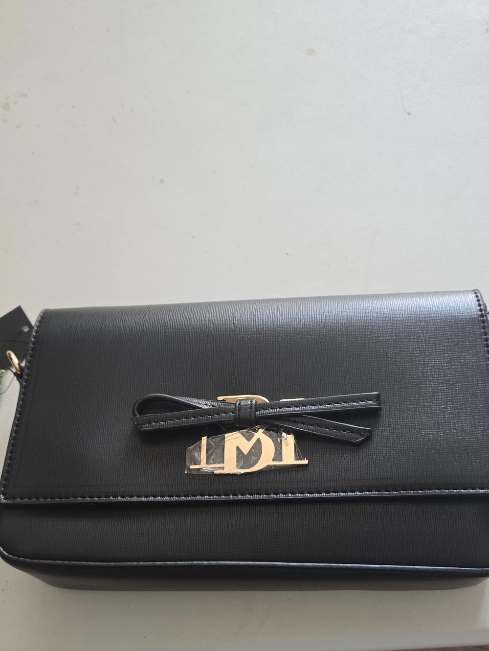 Badgley Mischka Black Crossbody Bag with Bow and Gold Logo